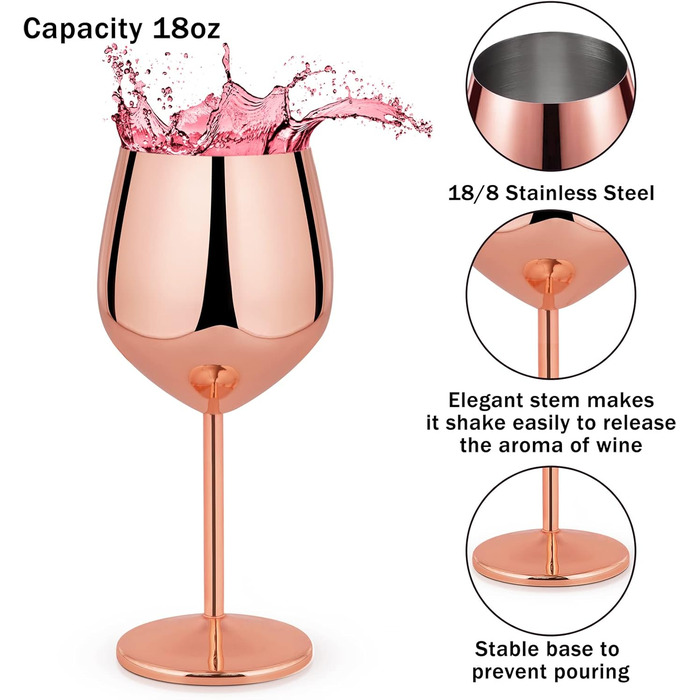Набір келихів для вина Livole, 550 мл (18oz), нержавіюча сталь, келихи для шампанського, коктейлі, рожеве золото, 4 шт.