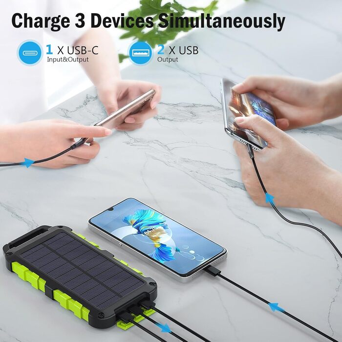 Powerbank сонячний TOENNESEN 26800mAh PD 15W: вологостійкий акумулятор з LED-ліхтариком та 3 виходами USB-C для смартфонів, планшетів, кемпінгу та подорожей (Чорний)