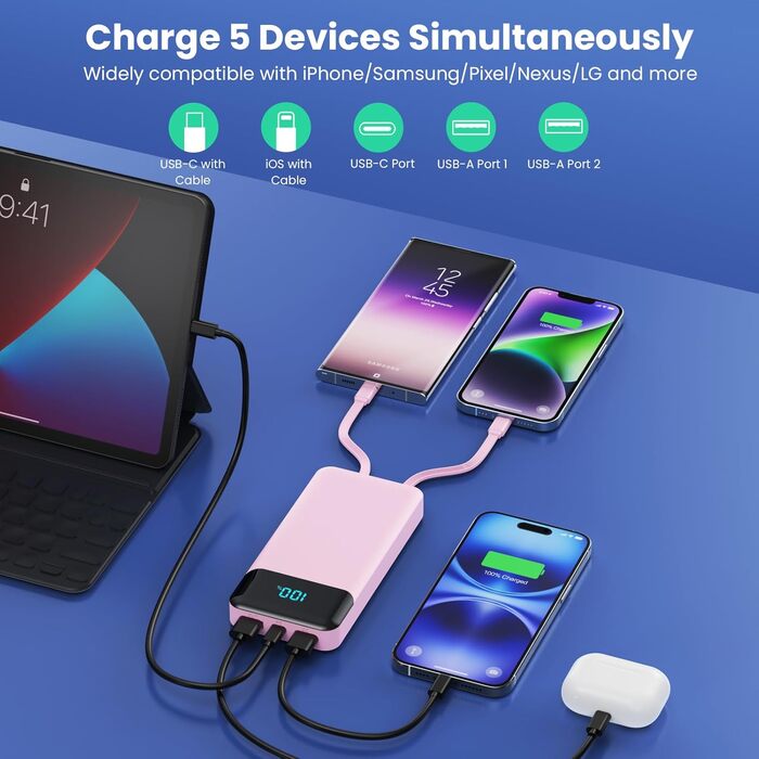 Портативний зарядний пристрій Power Bank 26800mAh з USB-C, PD 25W, QC4.0, LED дисплеєм, 5 виходами, сумісний з iPhone, Samsung, рожевий