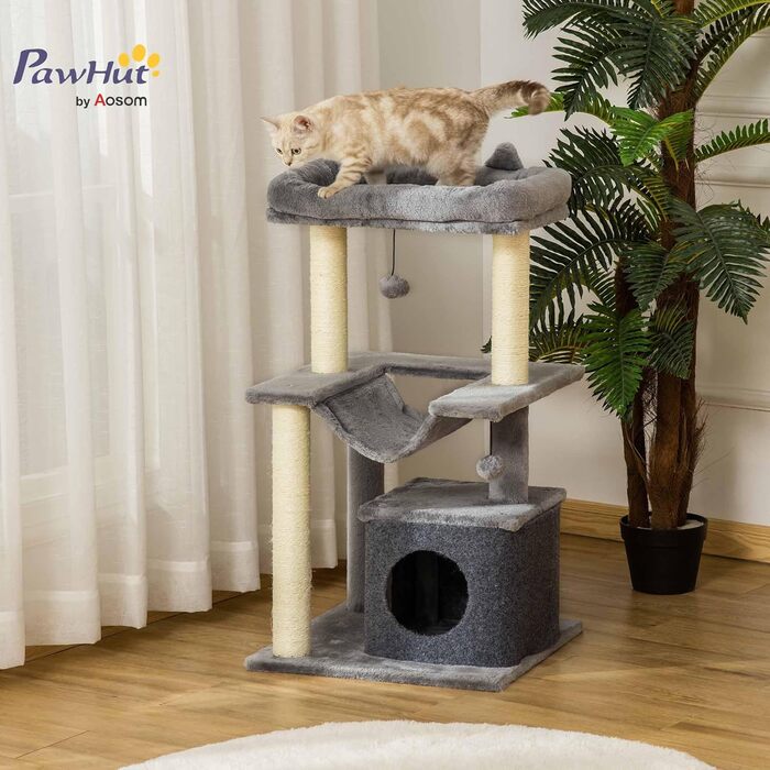 Кігтечка PawHut для котів 90 см з гамаком, будиночком та платформами, сірий колір