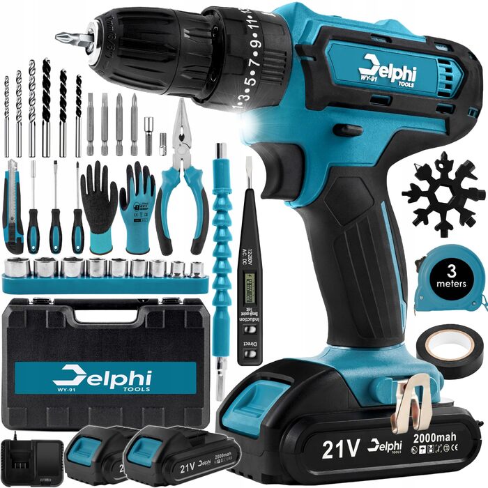 DELPHI 21V акумуляторний шуруповерт Set з 2 акумуляторами, 2 швидкості, 24 ступені крутного моменту, LED-підсвічування, для DIY-проєктів, 41-елементний набір з кейсом