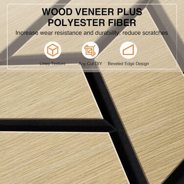 Акустичні 3D панелі JAMELO з натурального шпона дуба, самоклеючі гексагональні стінові панелі для декору стін та стелі, 30x15x1.2 см, 10 шт., натуральний колір