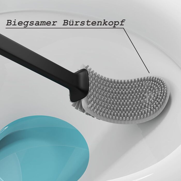 Силіконова щітка для унітазу R&B German Label – плоска, з кріпленням на стіну без свердління, з довгим руків'ям та швидковисихаючим контейнером – для миття унітазу та бордюру – білий/чорний (чорний/сірий)