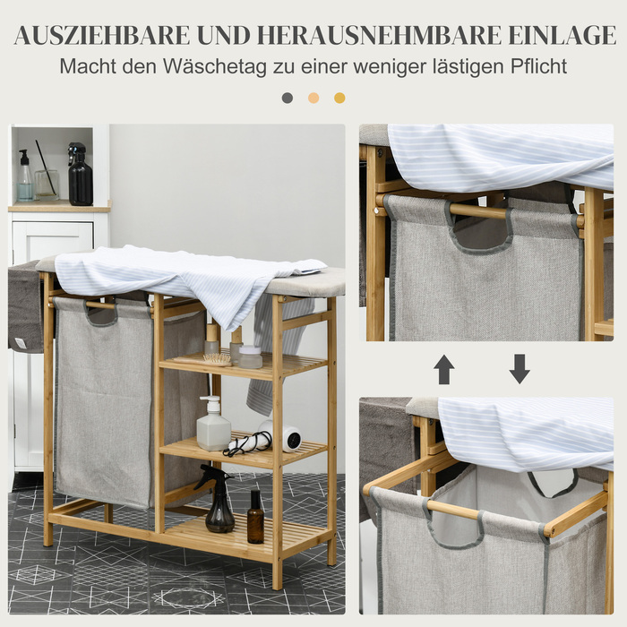 HOMCOM Laundry Basket 57.4 L Laundry Collector with Ironing Board and Iron, Laundry Box with 3-Tier Shelf, Pull-Out and Removable Bag