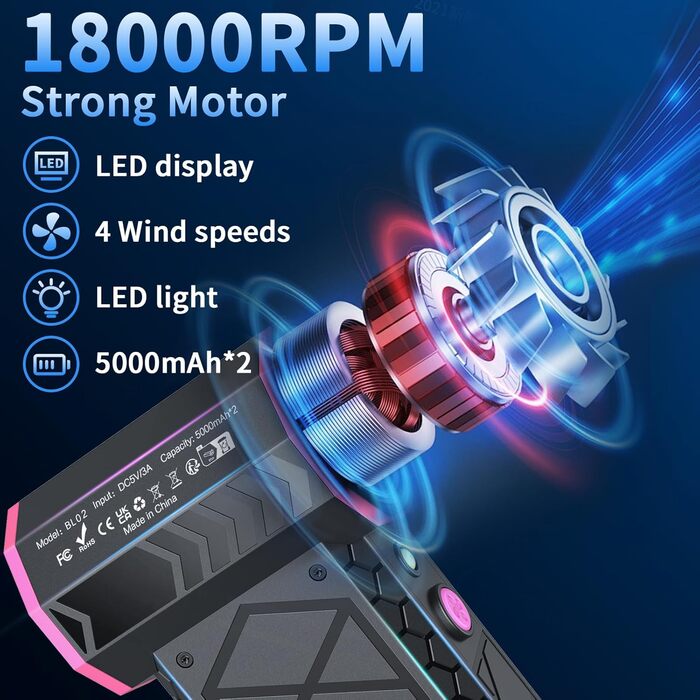 Електричний пилосос-фен, 10000mAh, LCD, міні-фен з ліхтариком для відпочинку на природі, 180000RPM, 4-та ступінь сили, чорний