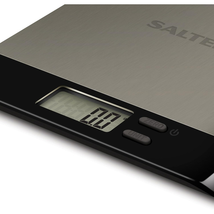 Кухонні ваги Salter Arc Pro: цифрові, з нержавіючої сталі, LCD дисплей, функція тарування, 5 кг, чорний колір