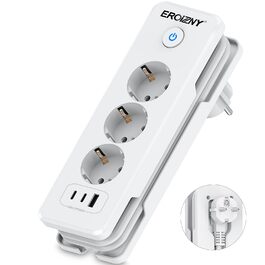 Мережевий адаптер з 2 USB-C (PD 20W) та 1 USB-A, 3 розетки з вимикачем, захист від перенапруги, компактний, для подорожей, 1,5м кабель. Мережева планка з 3 USB-портами