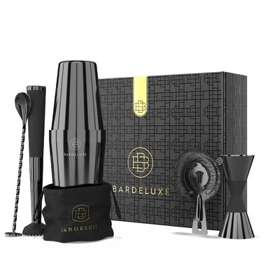 Набір для коктейлів BarDeluxe® Boston 5 предметів: шейкер 750 мл, аксесуари для бармена, подарунковий набір з сумкою та рецептами (чорний)