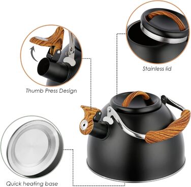 Чайник заварний з нержавіючої сталі 3л з дерев'яною ручкою та свистком, ретро стиль для плити (газ, індукція)
