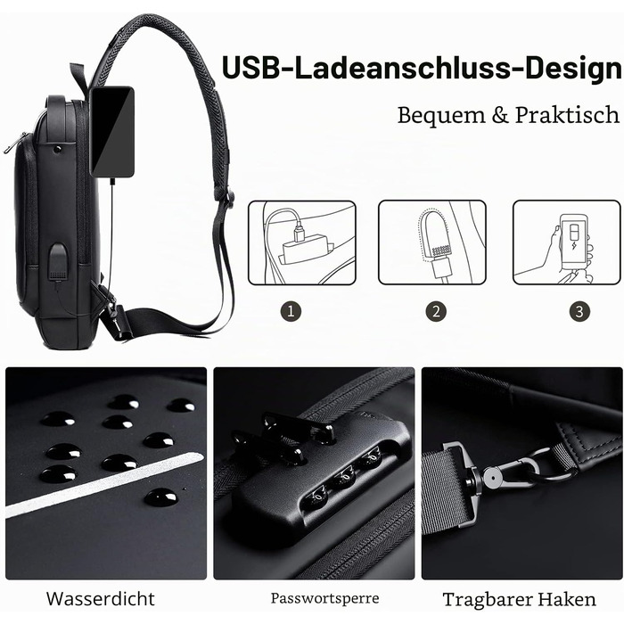 Чоловіча сумка-слінг FANDARE через плече з USB-портом та захистом паролем, водонепроникна сумка для подорожей та бізнесу, синя