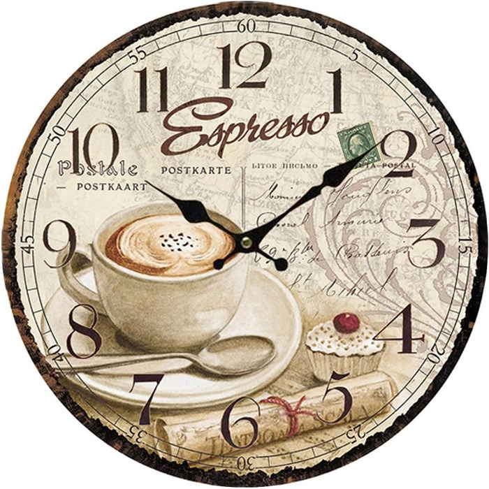 YOAI Wall Clock Kitchen Clock Vintage Shabby CHIC Antique Nostalgia Rustic Quartz Clock made of MDF with silent movement, 12 inch/30CM Ø (Coffee)