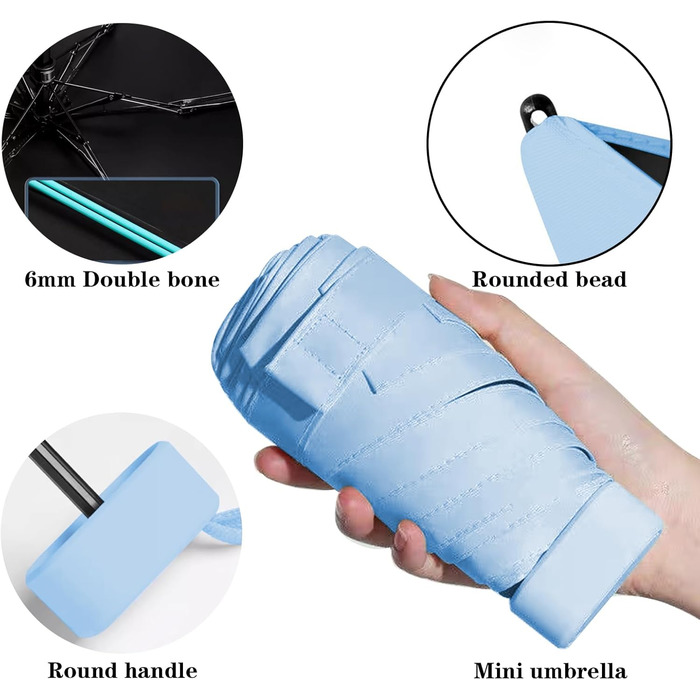 Компактний парасолька від дощу, міні-парасолька, захист від УФ-променів, вітростійка з капсульною ручкою, портативна для чоловіків та жінок (блакитна)