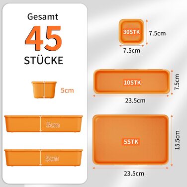 45 Piece Drawer Organizer Set for Office with 3 Sizes, Vanity Makeup Organizer Drawer, Storage Desk Organizer Drawer System for Kitchens, Bedrooms, Bathrooms, Office, Grey (3 - Sizes, Orange (45 Pieces))