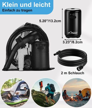 WADEO Portable Camping Shower Battery with Pump, Camping Shower with Rechargeable 6000/8000mAh Battery, Mobile Showers Outdoor Showers with Shower Head and Hose, for Camping, Travel, Garden, Car Washing (Black, 10 Gänge and with Double Digital Display)