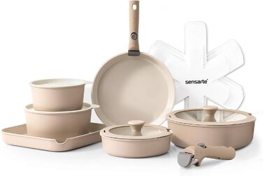 SENSARTE 17-Piece Ceramic Nonstick Cookware Set with Detachable Handle - Induction Compatible, Dishwasher Safe (Beige)