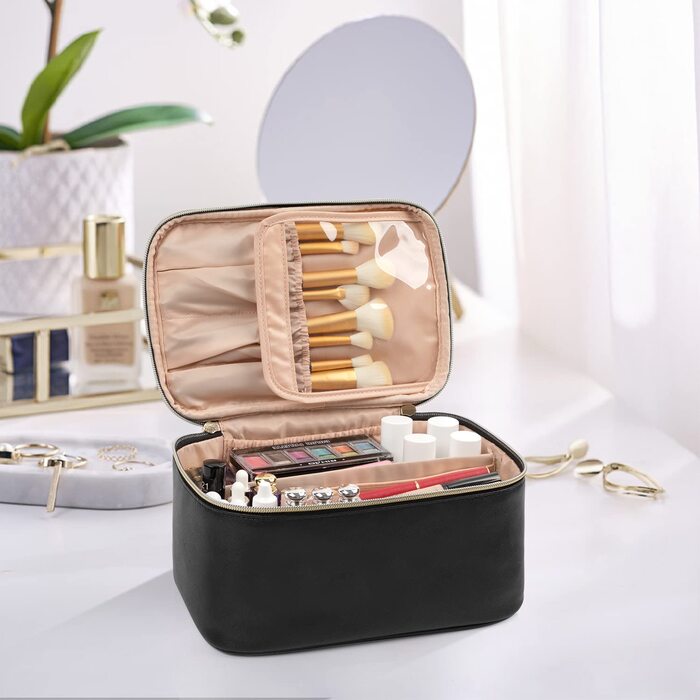 Косметичка для жінок, велика сумка для макіяжу, дорожня косметичка-вояж, косметична сумка для подорожей з ручкою та роздільниками, чорна