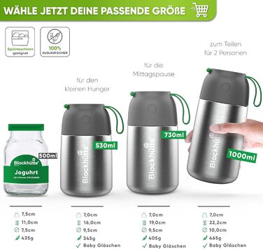 Термоконтейнер для їжі Blockhütte 530 мл, нержавіюча сталь, дитячий ланчбокс, BPA-free, без витоку, з антивакуумним клапаном, придатний для миття в посудомийній машині (сріблястий)