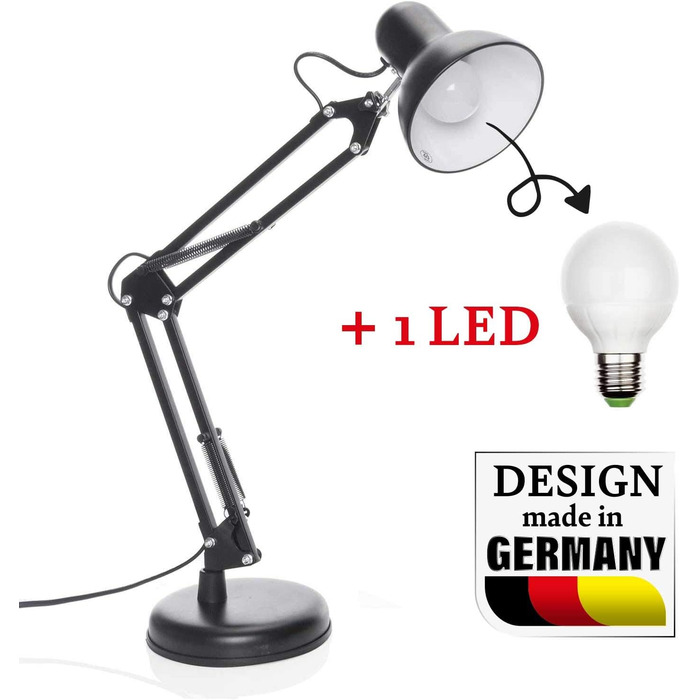 Ретро настільна лампа для робочого столу з гнучким регулюванням, LED, чорна