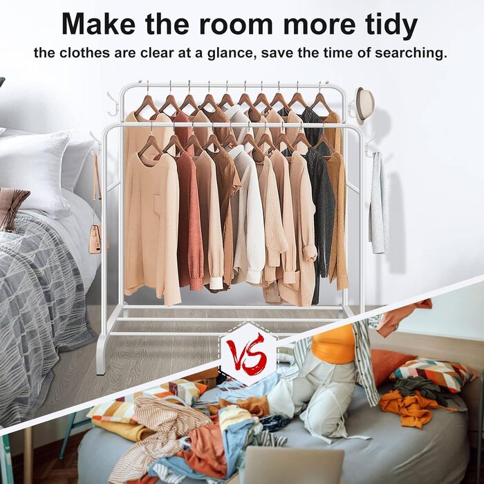 Metal Clothes Rack Clothes Stand Stable, Double Rod Durable with 1 Tier Shelf and 4 Side Hooks, Freestanding Clothes Rack, Multi-Purpose Organizer, Bedroom (Black2)