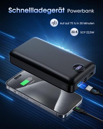 Power Bank 50000mAh з 3 кабелями, 22.5W швидка зарядка, USB-C, LED дисплей, для iPhone, iPad, Android - Чорний