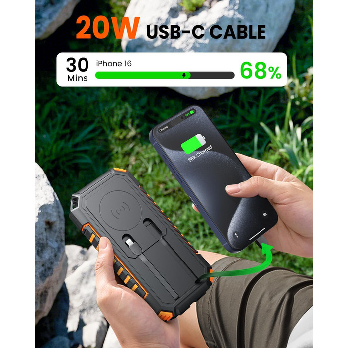 Сонячний Power Bank Riapow 27000mAh з сонячною панеллю, 22.5W, USB-C PD QC 3.0, LED-ліхтарик, 2 кабелі, для телефону та планшета, помаранчевий