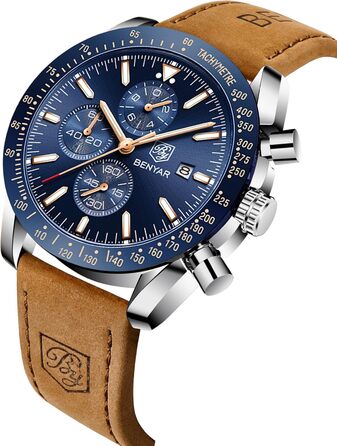Годинник чоловічий Benyar Chronograph з кварцовим механізмом, аналоговий, з шкіряним ремінцем. Стильний дизайн для бізнесу, спорту та повсякденного носіння. Водостійкий (30M). Елегантний подарунок для чоловіків. Колір: блакитний