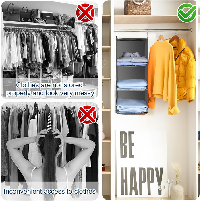 Органайзер для шафи AiQInu з 3 відділеннями, підвісний, бамбуковий, сірий (з гачками)