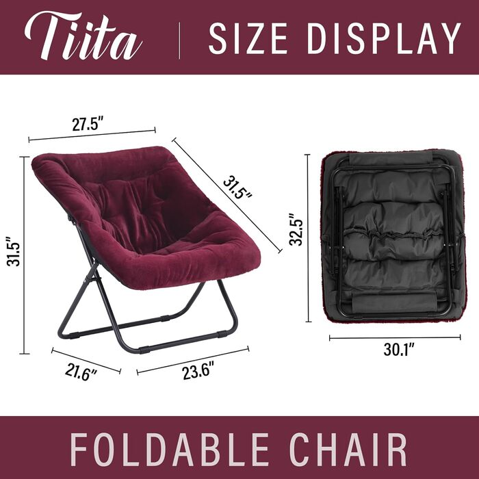Крісло Tiita Moon Chair без пуфа, м'яке штучне хутро, металевий каркас, бордовий – розкладне крісло для спальні, вітальні, гуртожитку, саду