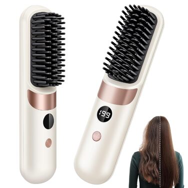 Бездротова випрямляч для волосся LOPHE - щітка-випрямляч з LED-дисплеєм, 3 температурні режими, акумулятор, для волосся та бороди, білий