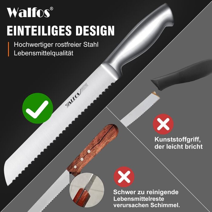 Ніж для хліба Walfos, нержавіюча сталь, хвилястий ніж, надгострий, монолітний дизайн, ергономічна ручка, лезо 20 см (8 дюймів), ідеально підходить для хліба, багелів, тортів