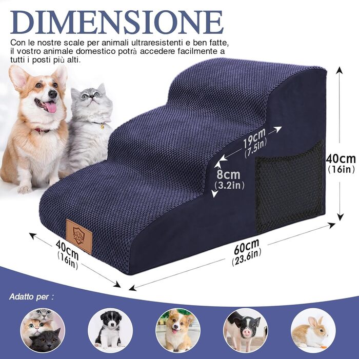 Masthome Dog Stairs for Small Dogs, 4 Steps Pet Stairs with Washable Cover, 52cm High Cat Stairs for High Beds, Dog Ramp Ladder, Removable, Black (3 Step Dog Stairs - Blue)