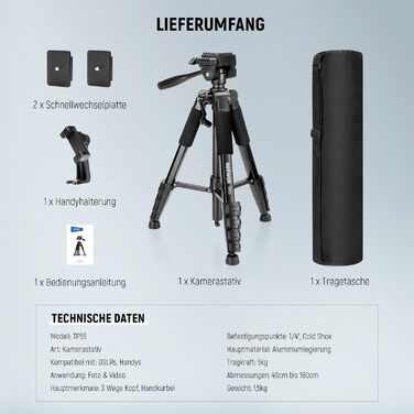 Штатив для камери та смартфона NEEWER Basics (TP55), легкий алюмінієвий туристичний трипод 188 см з 3-позиційною нахильною головкою