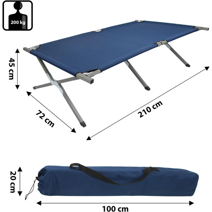Розкладне ліжко BB Sport XXL для кемпінгу: сталеве каркас, 210x72x45 см, до 200 кг, зручне, з сумкою, блакитне