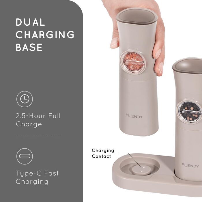 Flendy Gravity Electric Salt and Pepper Mill Set, 2-Piece Set Rechargeable Electric Salt and Pepper Shakers with USB-C Charging Station, Electric Spice Grinder for Dry Spices