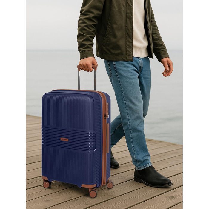 Набір валіз Eco Edition 3 шт. з жорстким корпусом | Розширювані валізи з дельфіновою блискавкою, міцний та легкий матеріал, 4 подвійні колеса & TSA-замок | Для жінок та чоловіків (Navy, валіза M (67 см) розширювана)