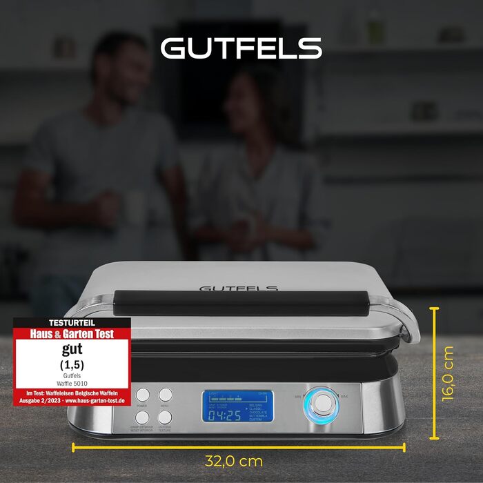 GUTFELS WAFFLE 5010 Electric Waffle Maker with Non-Stick Plates, Timer, Display, Overflow Protection, 5 Programs, and Overheat Protection
