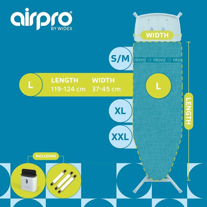 Airpro by Widex 6-layer ironing board cover for steam irons - Size L universal max 120x42 cm - no more water under the ironing board - irons up to 50% faster - Made in Europe Linen L