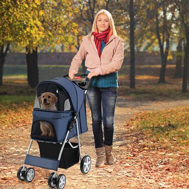 Візок для собак SOARS, до 15 кг, складний, з сітковими віконцями, тримачем для напоїв та кошиком для зберігання, візок для домашніх тварин для маленьких тварин (Темно-синій)