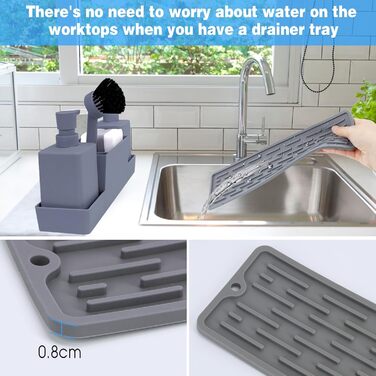 CAUTIOUS 350ml Sink Organizer with Brush, Soap Dispenser Sponge Kitchen Dish Soap Dispenser Set Made of Plastic, Sink Organizer with Two Soap Dispensers, Kitchen Gadget Organizer (gray)