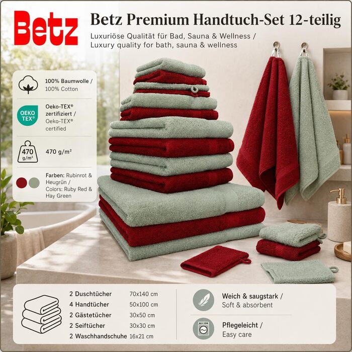 Набір рушників Betz Premium 12 предметів, 100% бавовна, Oeko-TEX, 470 г/м², колір сіно-зелений/ялиновий (2 банні, 4 ручні, 2 гігієнічні, 2 для мила, 2 рукавички)