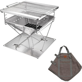 CAMPINGMOON 3-in-1 Portable Stainless Steel Wood Grill and Fire Pit, 16 x 18 inches, with Carrying Bag MT-045