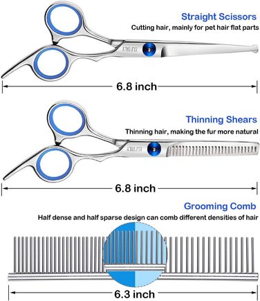Набір професійних ножиць для грумінгу собак, нержавіюча сталь, круглі кінчики, ножиці для розрідження, вигнуті ножиці, набір ножиць для стрижки шерсті домашніх тварин з інструментом для стрижки нігтів