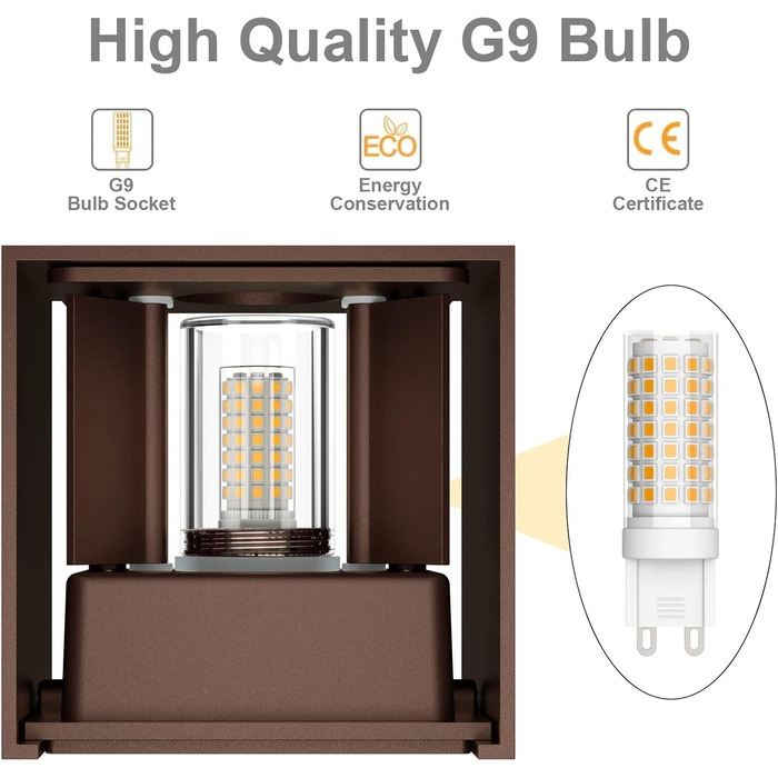 LED-стінні світильники Klighten 2 шт. з змінною G9 лампою, тепле біле світло 3000K, алюміній, для внутрішнього та зовнішнього використання, регульований кут променя, освітлення для вітальні, саду, антрацит (бронза)