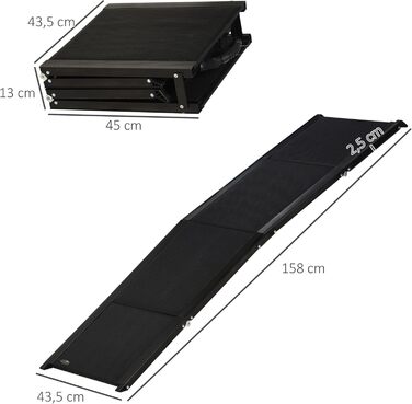 Рампа для собак PawHut - складана авторампа для домашніх тварин 158 см. Ідеально для великих собак до 40 кг, з антиковзким покриттям та ручкою. Підходить для LKW, SUV, високих ліжок. Чорний колір.