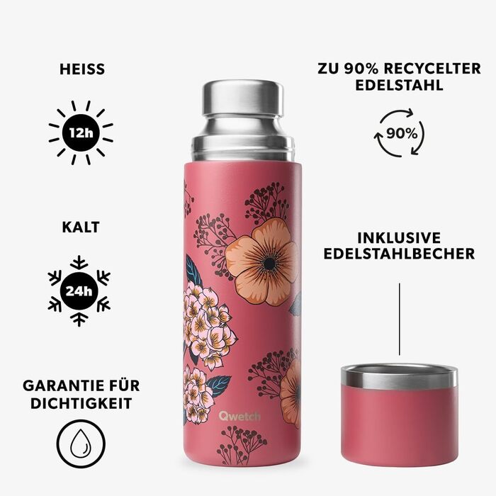 Qwetch Stainless Steel Thermos Flask 750ml - Insulated Water Bottle & Coffee Thermos with Recycled Stainless Steel Cup - 24h Cold & 12h Hot - Leakproof, BPA-Free, Perfect for Coffee & Tea - Brushed Stainless Steel (750 ml, Anemone Design)