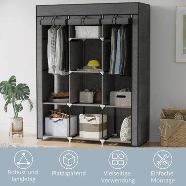 HOMCOM Closet Fabric Wardrobe with Drawers, Clothes Rail and Zipper, Fabric Clothes Storage Unit Folding Wardrobe for Bedroom, Dressing Room, 102 x 42.5 x 162.5 cm, (Dark Grey, 125L x 43W x 162.5H cm)