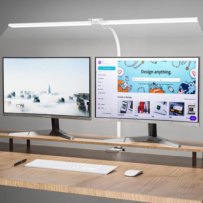 LED лампа настільна для офісу та дому, світло для монітора, 1400 люмен, регульована яскравість, кріплення-прищіпка, світло для робочого столу, гнусий «лебединий шия», подвійний насадка, 5 режимів кольору та рівнів яскравості, білий колір, 80 см