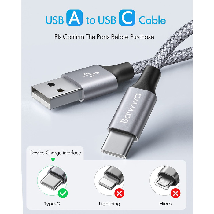 Кабель USB-C на USB-A 6м сірий, для Samsung, iPhone, Redmi, Pixel - міцний нейлоновий шнур для зарядки та передачі даних