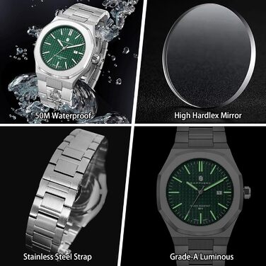 Годинник SAPPHERO для чоловіків з нержавіючої сталі, 50M водостійкий, класичний аналоговий кварцовий годинник з календарем. Елегантний подарунок для чоловіків (срібний браслет/зелене циферблат)