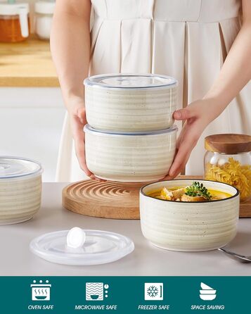 Набір керамічних супових та сервірувальних мисок Vancasso Bonbon з кришкою (4 шт.), бежевий